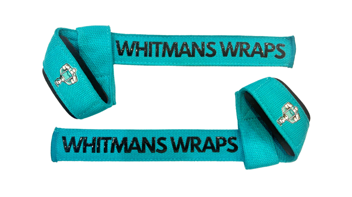 A pair of black cotton lifting straps with neoprene padding and silicone grip, featuring the logo 'Whitmans Wraps'.