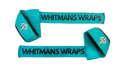 A pair of black cotton lifting straps with neoprene padding and silicone grip, featuring the logo 'Whitmans Wraps'.